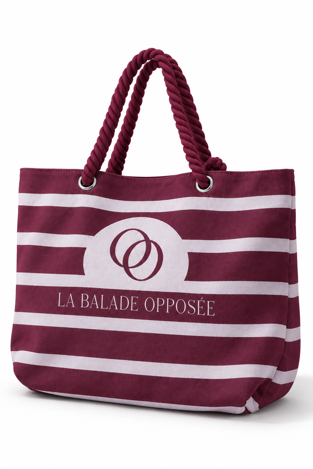 Sac cabas rayé La Balade Opposée présenté sur fond blanc avec une ombre douce.