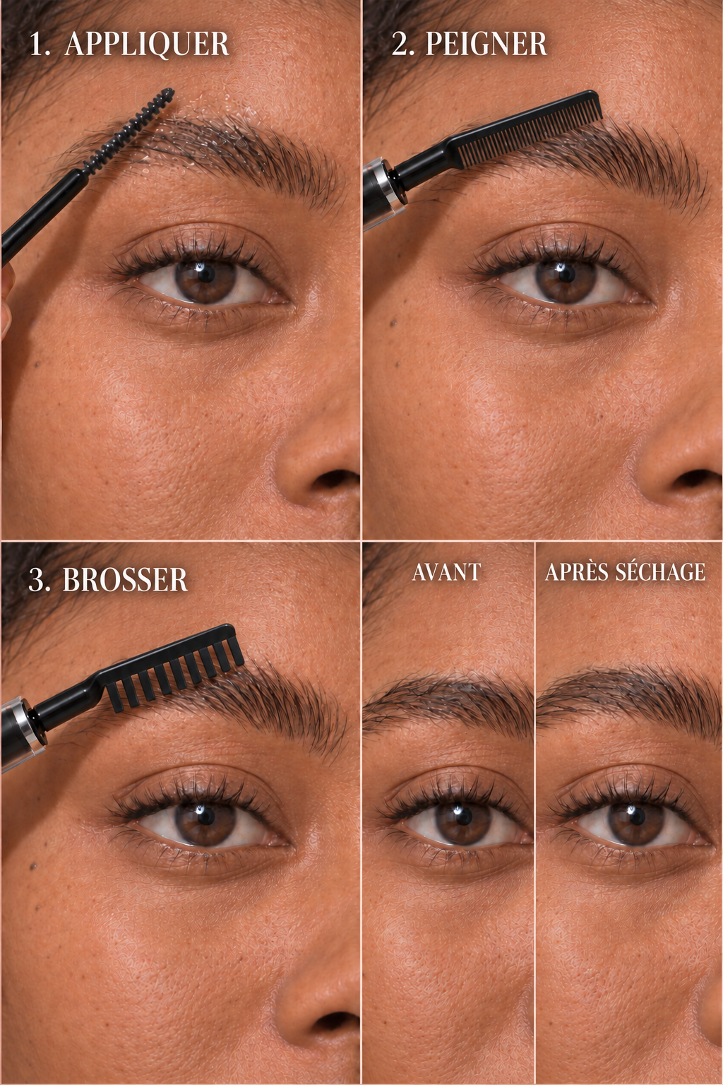 Tutoriel montrant comment appliquer le gel, peigner puis brosser les sourcils avant de laisser sécher