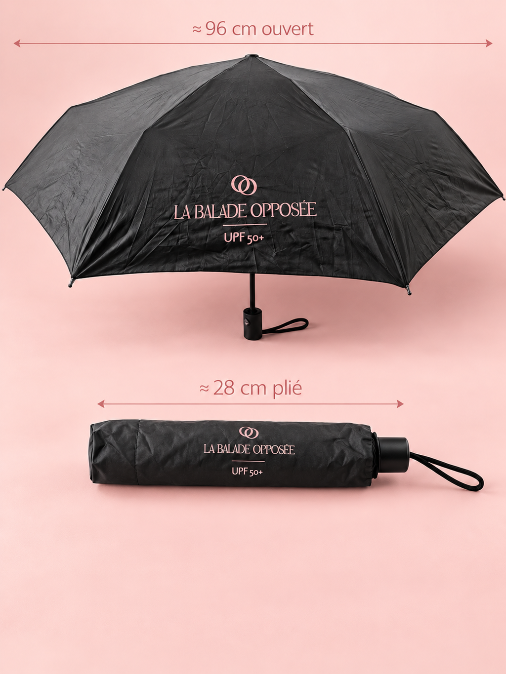 Dimensions du parapluie La Balade Opposée : environ 96 cm ouvert et 28 cm plié