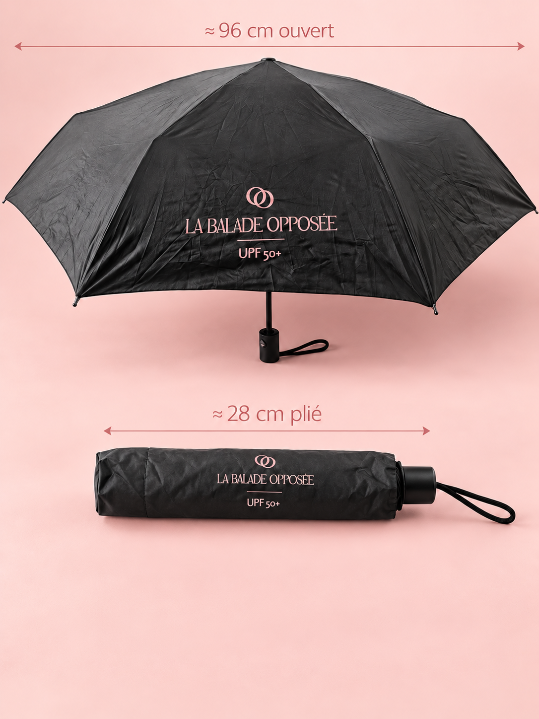 Dimensions du parapluie La Balade Opposée : environ 96 cm ouvert et 28 cm plié