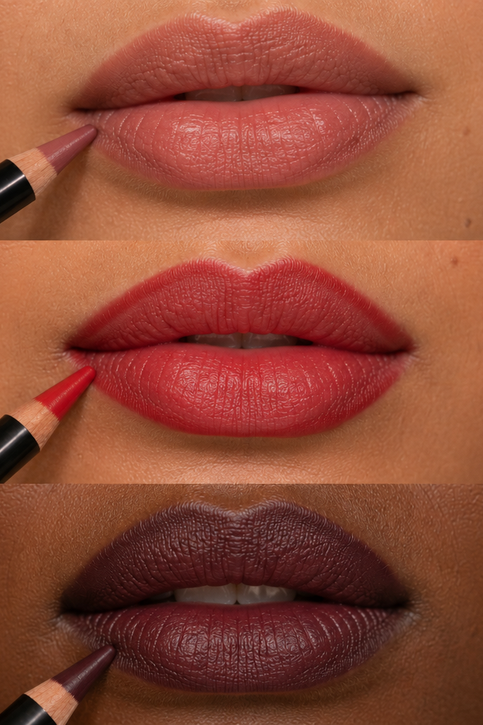 Rendu sur les lèvres des teintes rose brun, rouge et bordeaux marron du Duo Lèvres Opposée