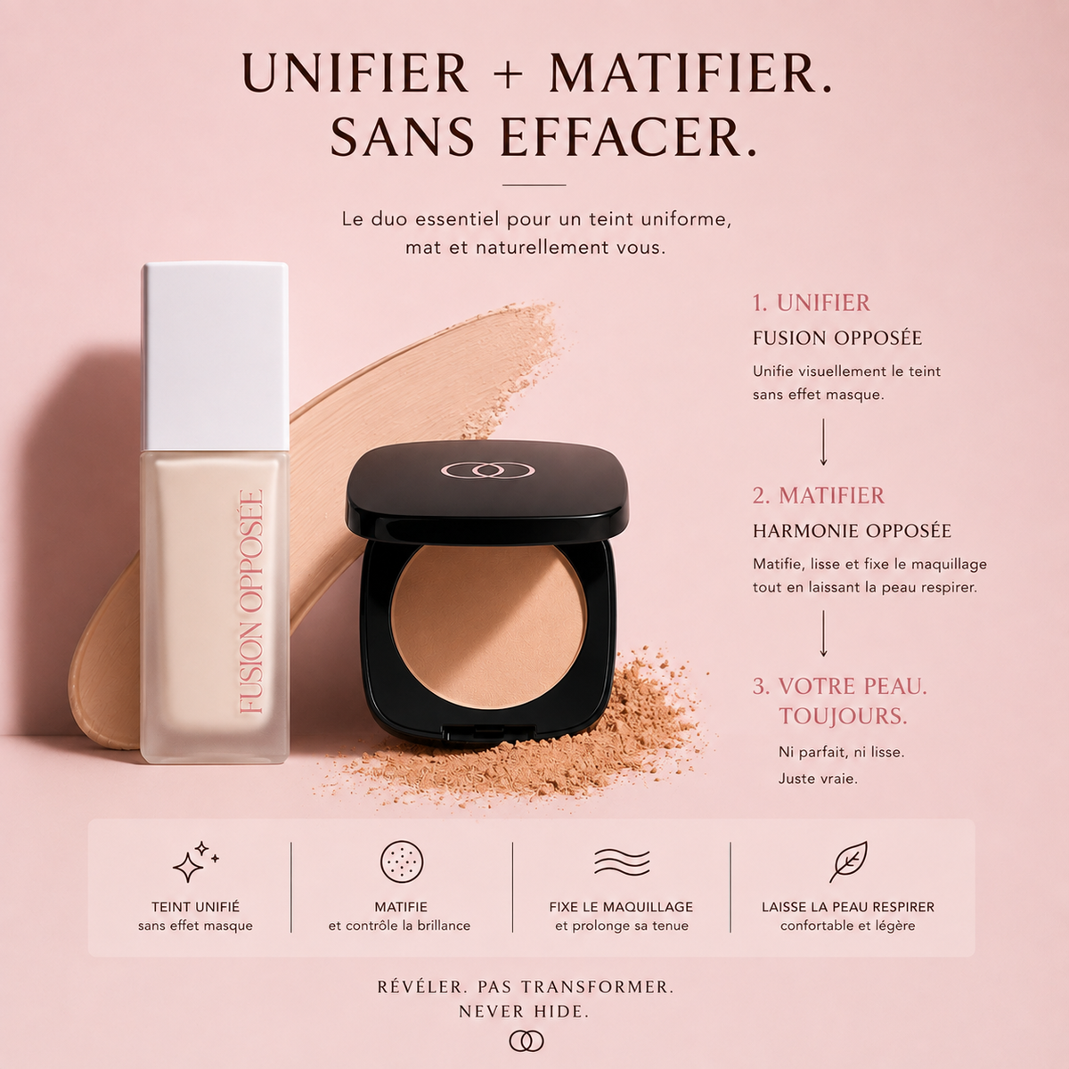 Fusion Opposée et Harmonie Opposée pour unifier le teint, matifier les brillances et conserver un rendu naturel