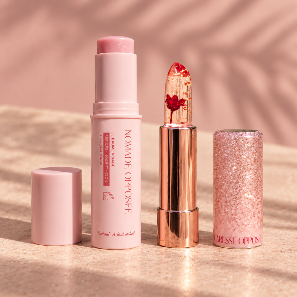 Nomade Opposée ouvert et Caresse Opposée avec sa véritable fleur sur un fond rose beige