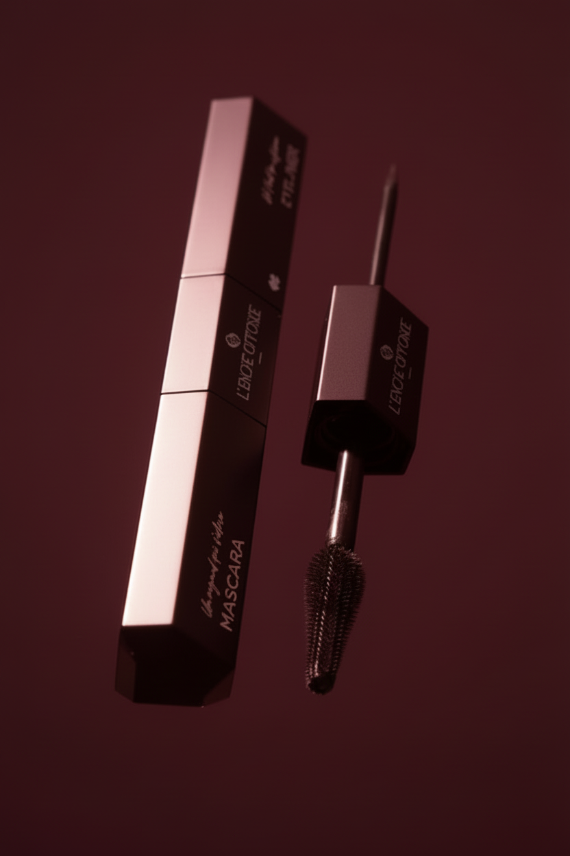 L'Encre Opposée, mascara et eyeliner 2en1, packshot premium, flacon fermé à gauche et ouvert sur la droite