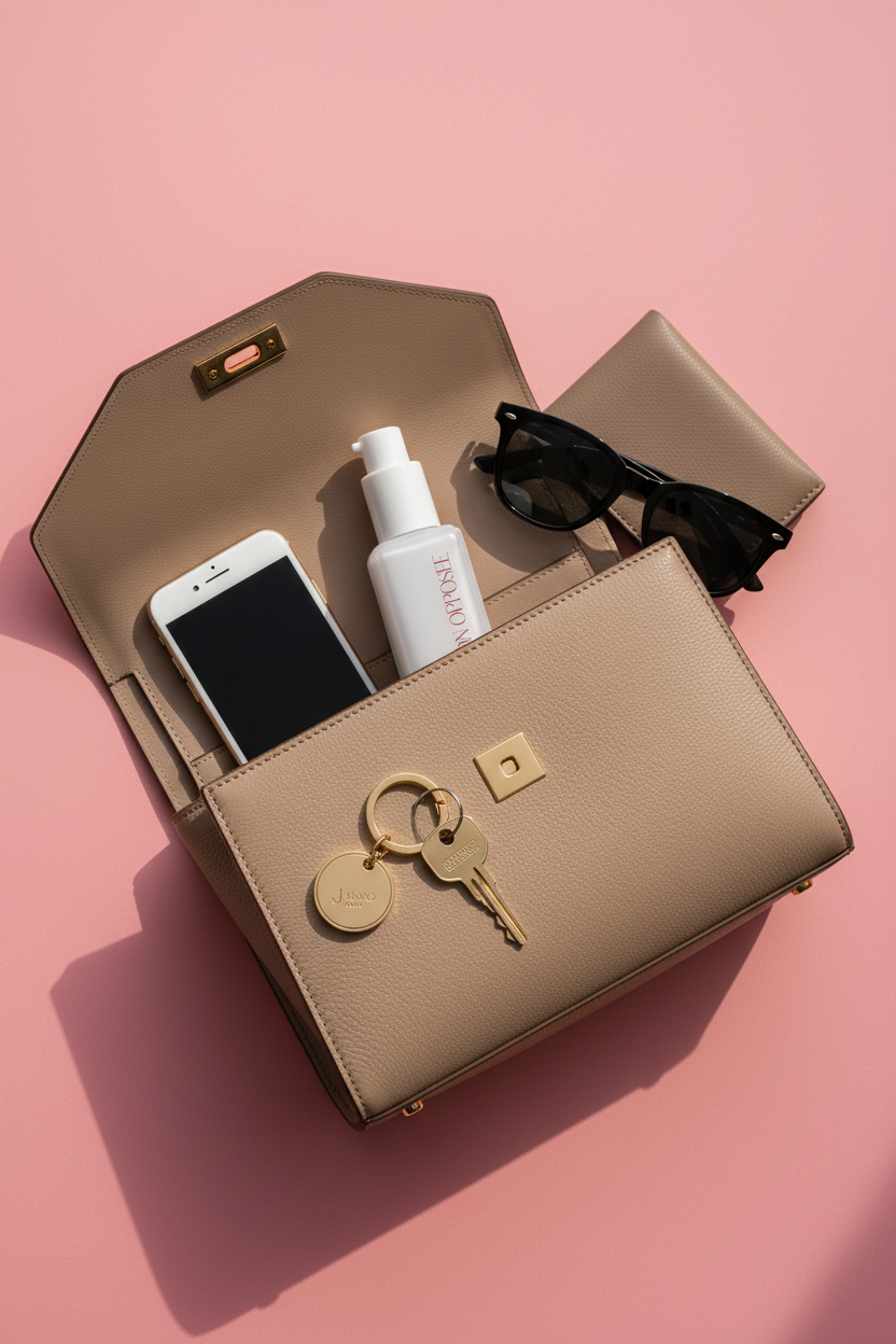 Fusion Opposée, fond de teint blanc qui évolue avec la carnation, flacon EN VERRE, arrière plan rose, packshot dans un sac à main