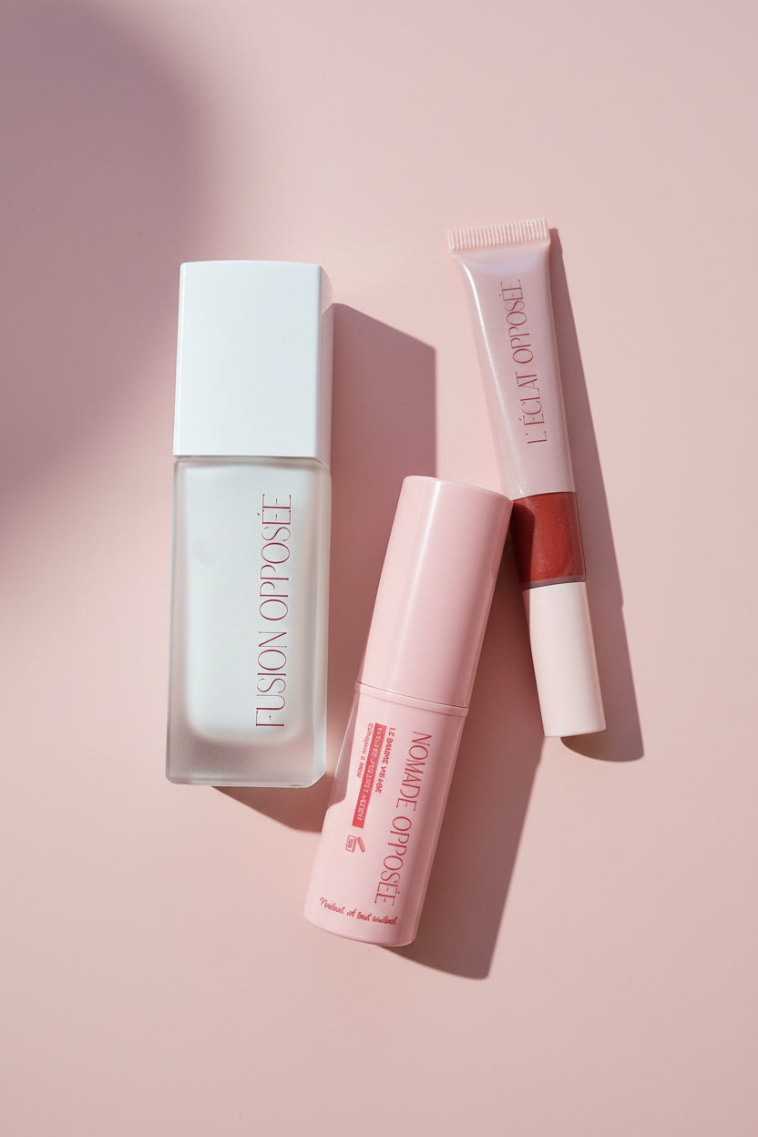 Fusion Opposée, Nomade Opposée et l'éclat Opposée. Fond de teint, soin et blush soin visage. Routine glow naturel de Opposee 