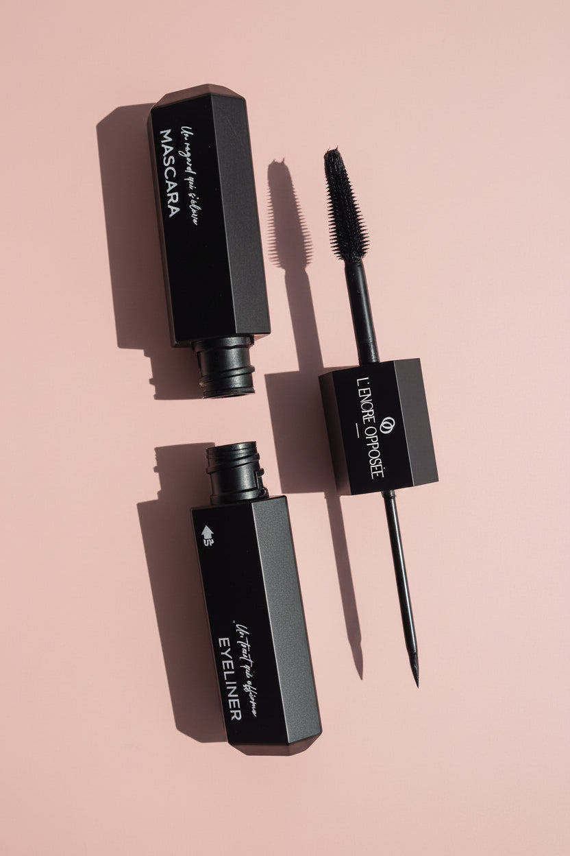 L’Encre Opposée ouverte sur fond rose poudré, avec brosse mascara et pointe eyeliner noir.