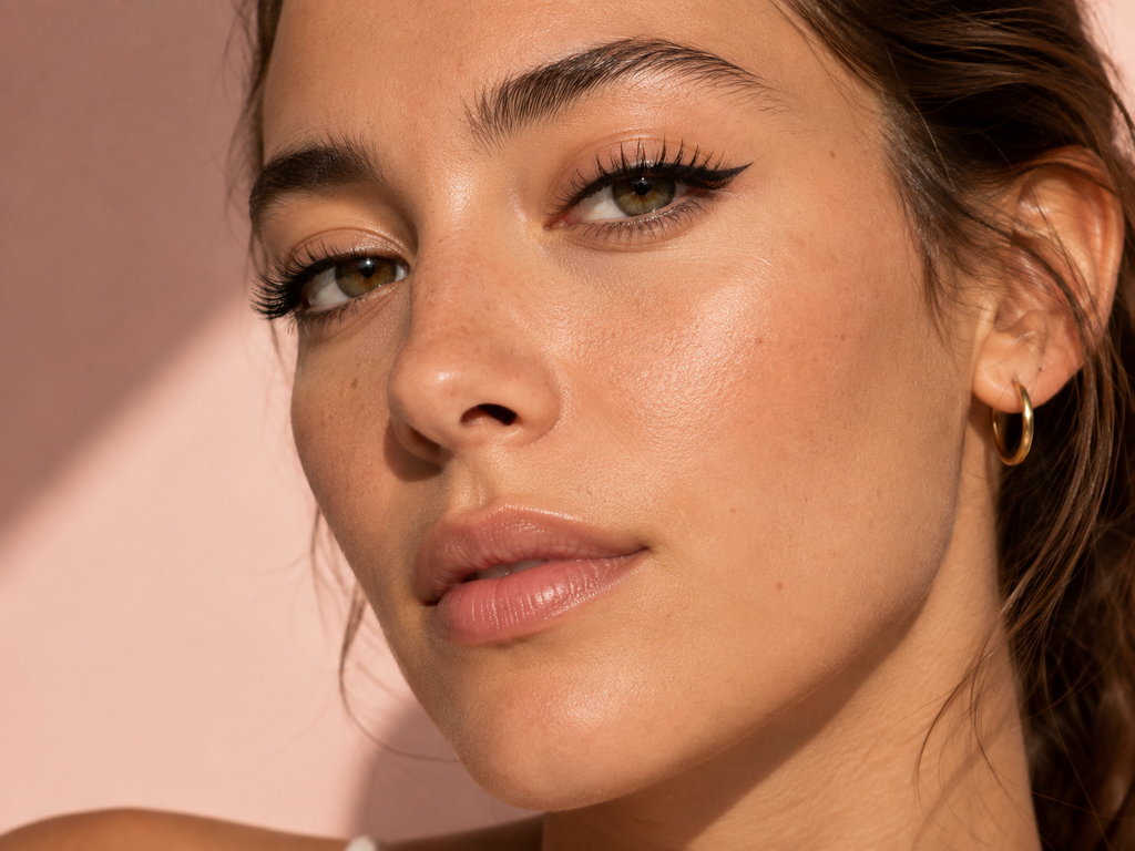 Portrait naturel d’une femme portant mascara et eyeliner noirs sur fond rose poudré.