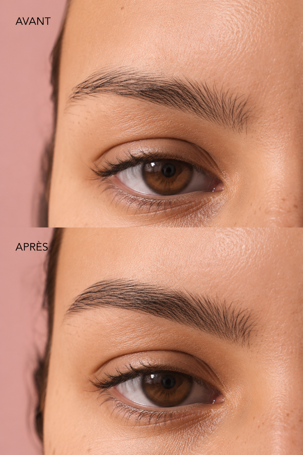 Avant et après application du crayon L’Imperceptible Opposée sur un sourcil naturel, résultat légèrement redéfini