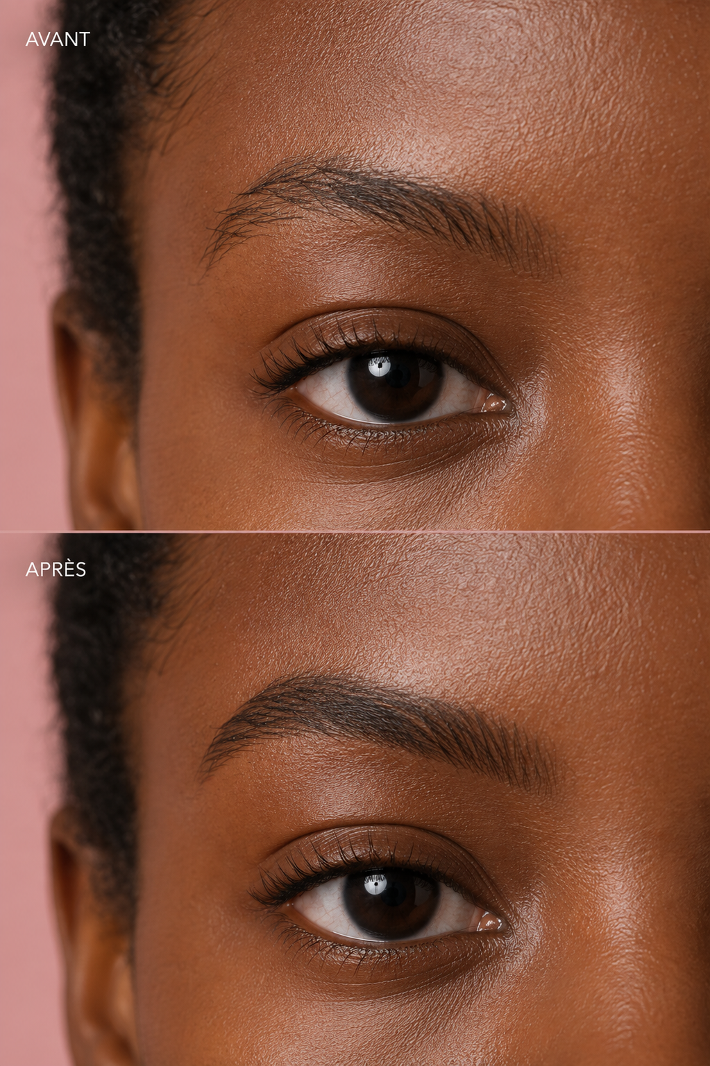 Avant et après application de L’Imperceptible Opposée sur peau foncée, sourcil naturellement défini et comblé.