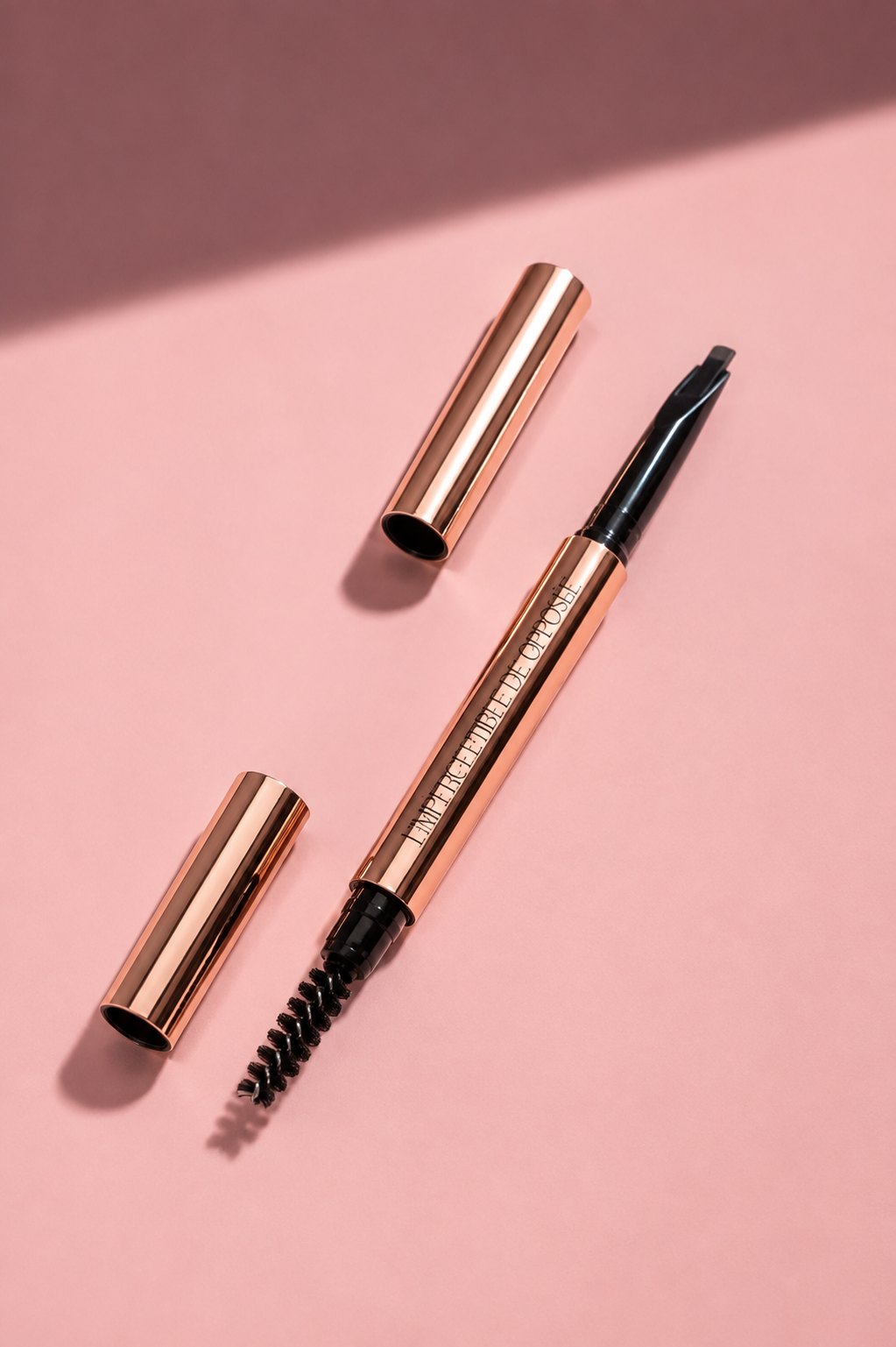 L’Imperceptible Opposée, crayon sourcils double embout avec mine et brosse, sur fond rose poudré.