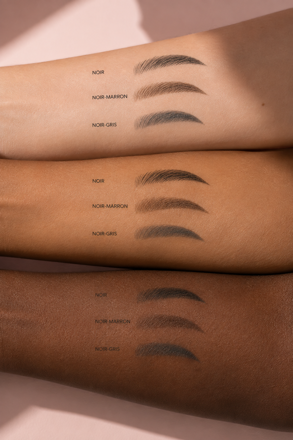 Rendu des teintes noir, noir-marron et noir-gris du crayon sourcils L’Imperceptible Opposée sur différentes carnations