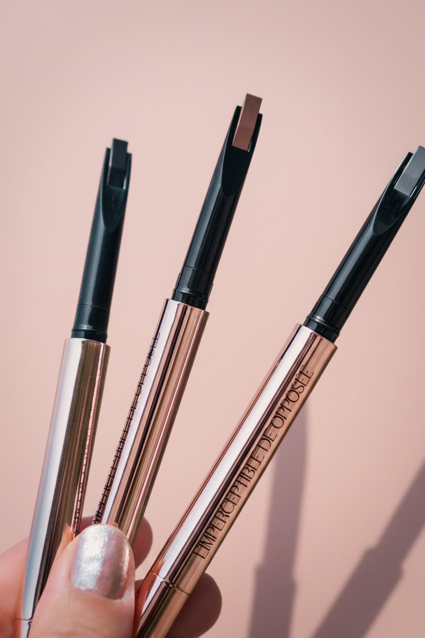 Trois teintes du crayon sourcils L’Imperceptible Opposée présentées ouvertes : noir, noir-marron et noir-gris.