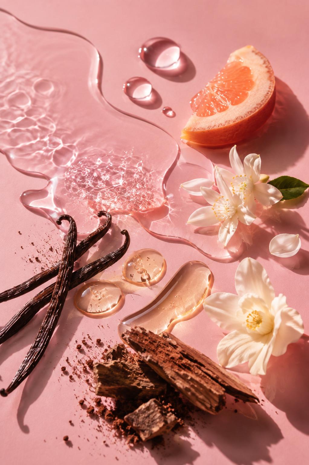 Composition sensorielle rose inspirée des agrumes, fleurs blanches, vanille et patchouli d’Opposée N°1.