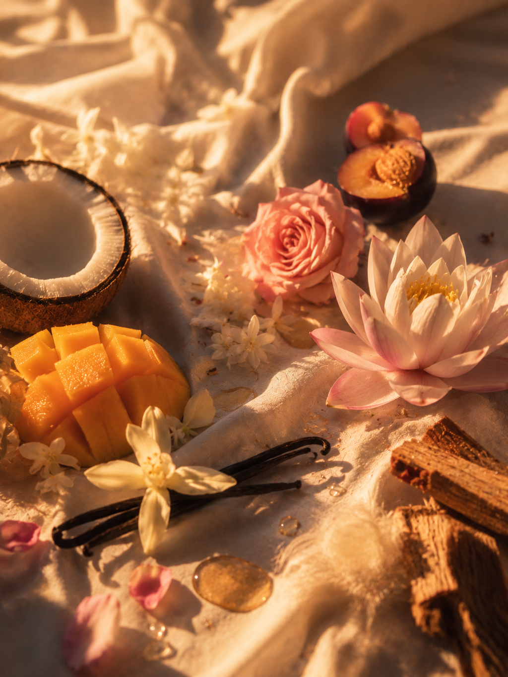 Composition sensorielle inspirée des notes fruitées, florales, vanillées et boisées de Leenaëlle.