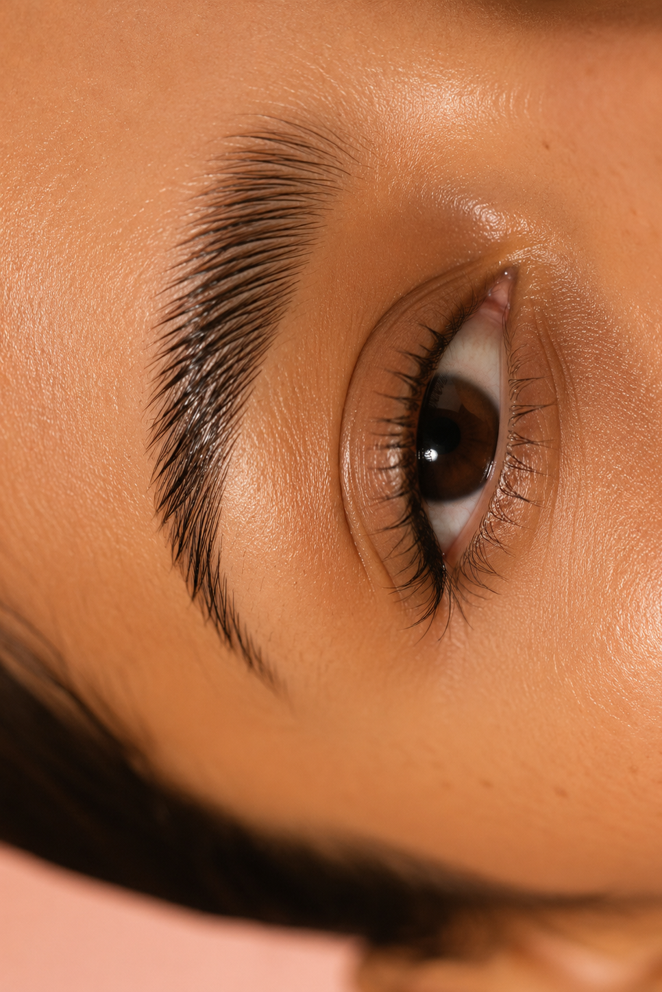Gros plan sur un sourcil naturellement coiffé et discipliné avec La Cire Opposée, sur peau naturelle.