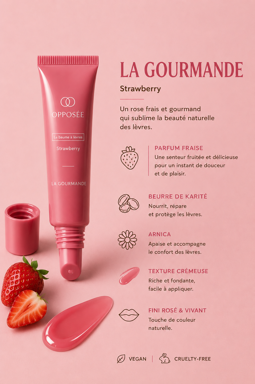 La Gourmande, Baume Opposée parfum Strawberry au fini rose frais
