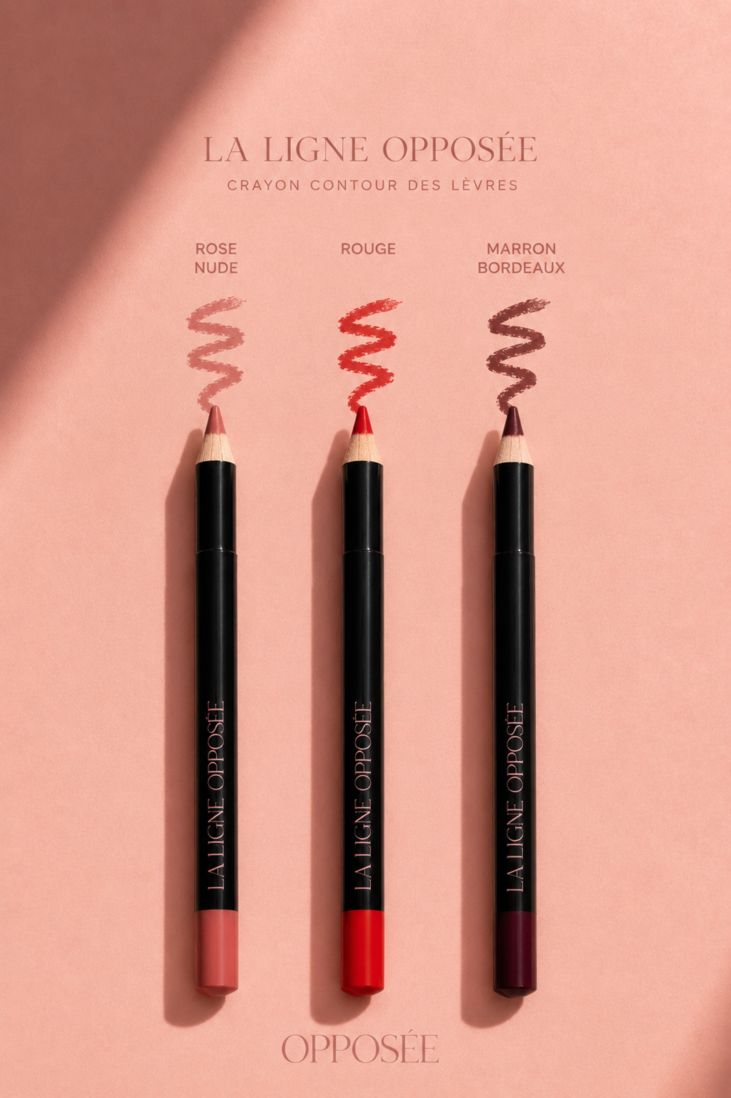 Nuancier des crayons à lèvres La Ligne Opposée en Rose Nude, Rouge et Marron Bordeaux