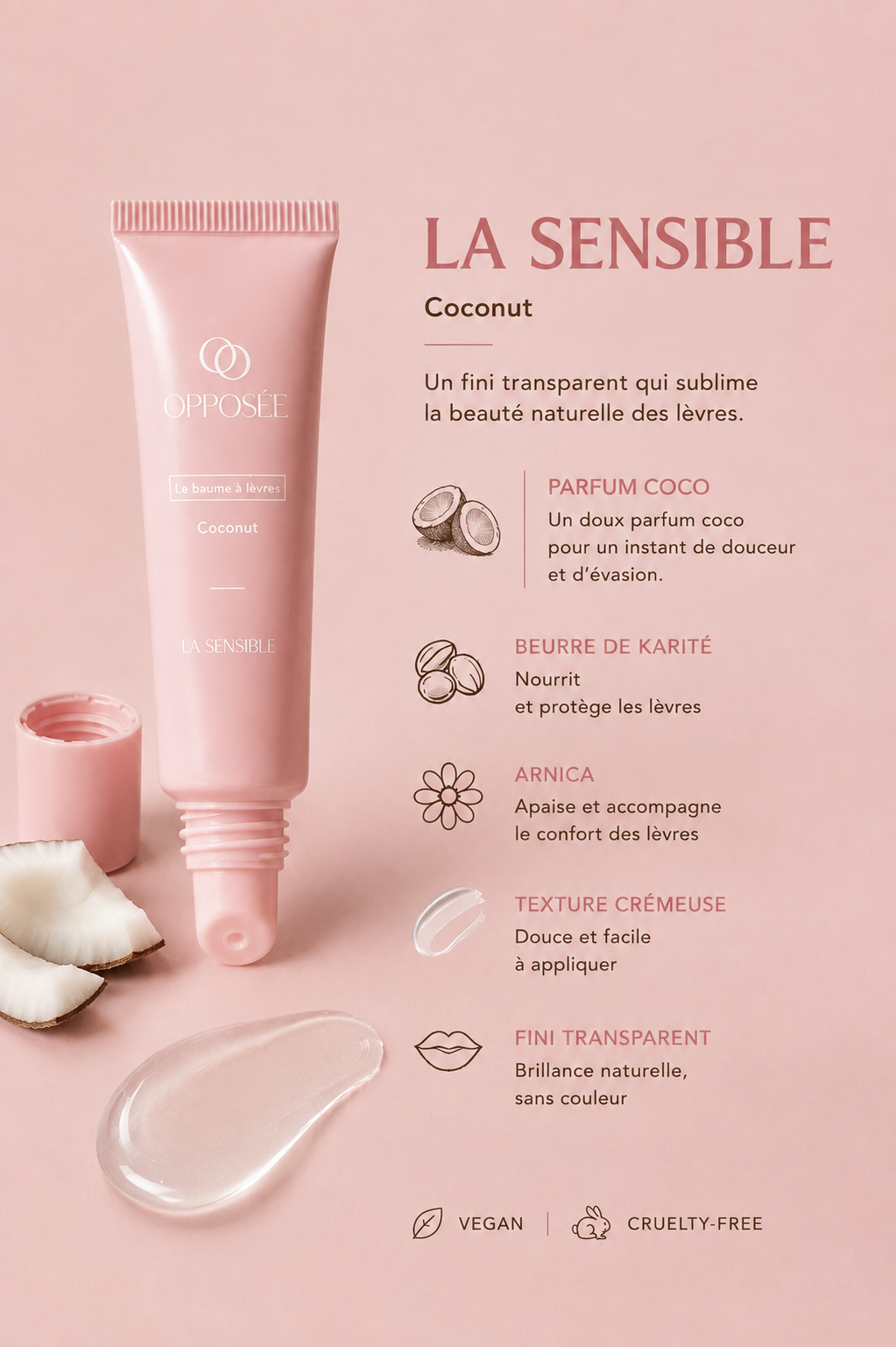 La Sensible, Baume Opposée parfum Coconut au fini transparent et brillant