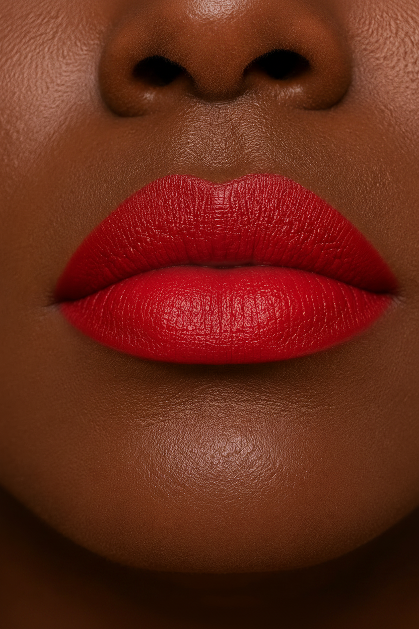 Teinte rouge roi du Rouge Opposée portée sur des lèvres et une peau foncée