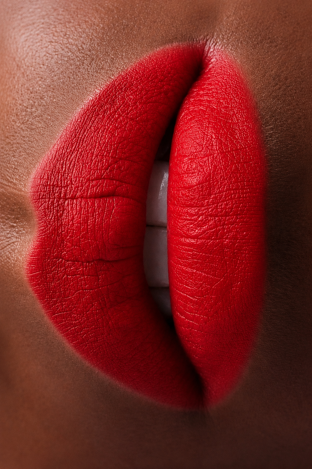 Teinte rouge intense du rouge à lèvres Le Velours Opposée portée sur une peau foncée