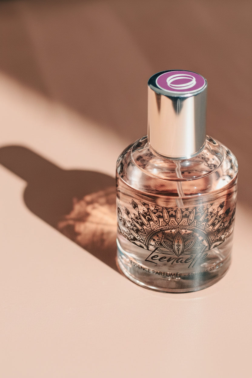 Flacon de l’essence parfumée Leenaëlle 50 ml sur fond rose poudré avec ombre naturelle.