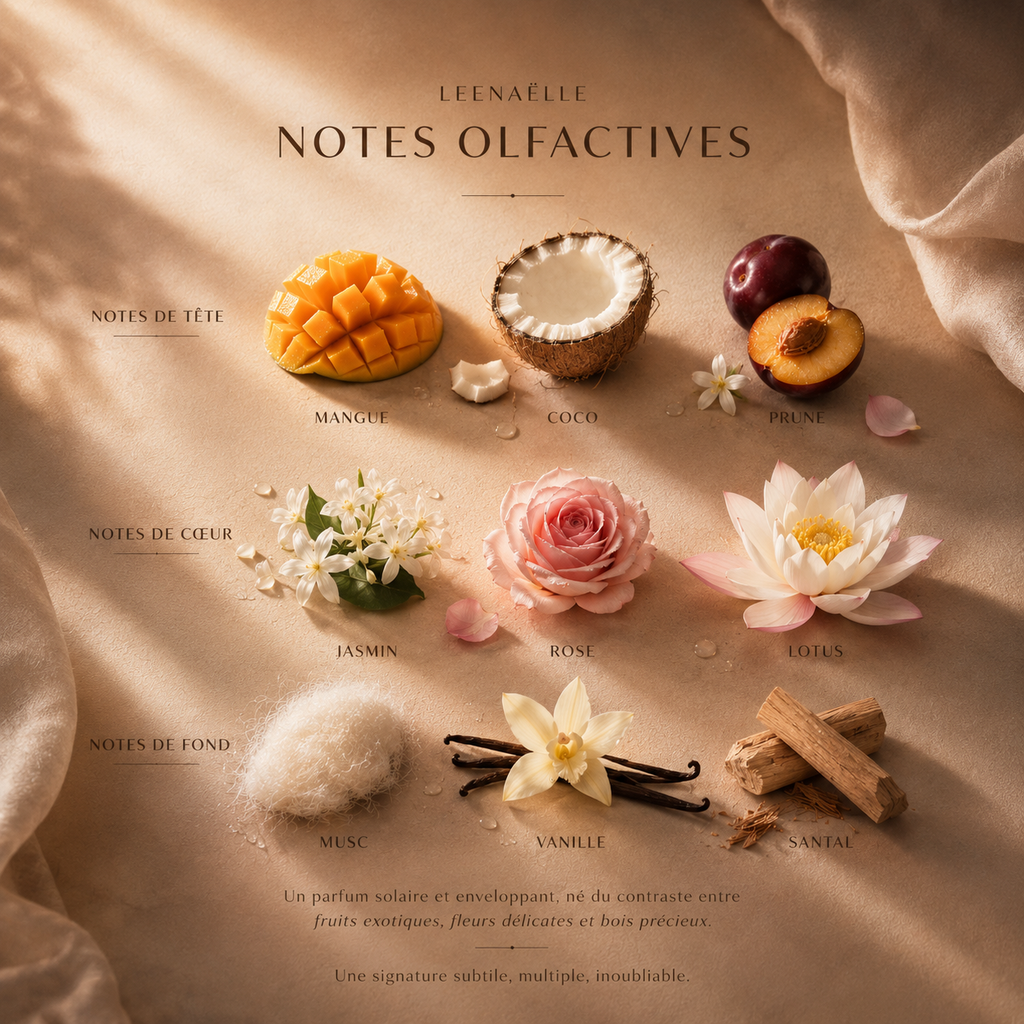 Notes olfactives de Leenaëlle : mangue, coco, prune, jasmin, rose, lotus, musc, vanille et santal.