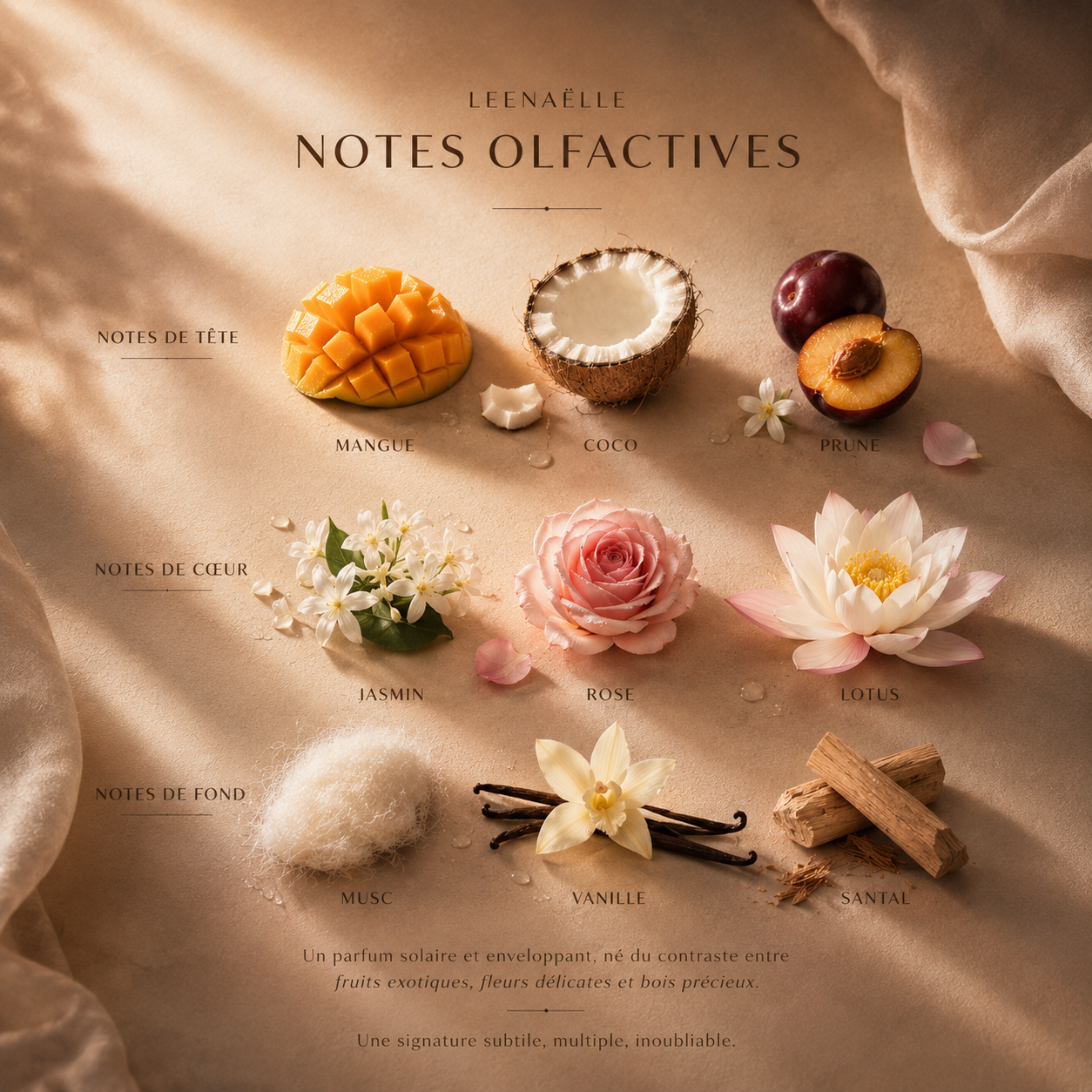 Notes olfactives de Leenaëlle : mangue, coco, prune, jasmin, rose, lotus, musc, vanille et santal.