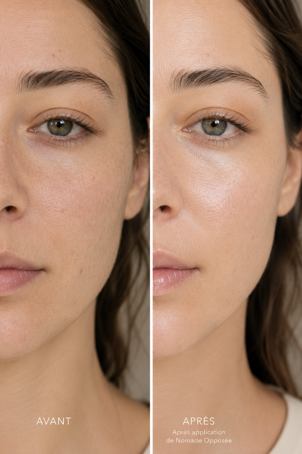 Avant et après application de Nomade Opposée sur peau claire, montrant une peau naturelle à l’apparence plus fraîche, lumineuse et éclatante.
