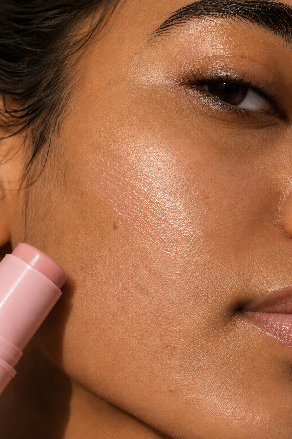 Gros plan sur une peau mate naturelle avec la texture fondante de Nomade Opposée appliquée sur la joue, laissant le grain de peau visible.