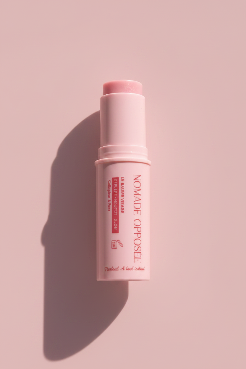 Nomade Opposée ouvert pour révéler la teinte du baume en stick rose