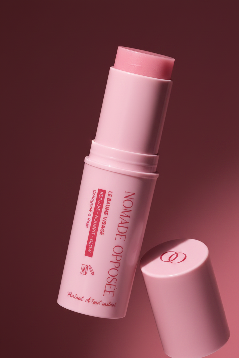 Nomade Opposée, ouvert en suspension, fond rose prodond. Baume stick visage au collagène, rose.