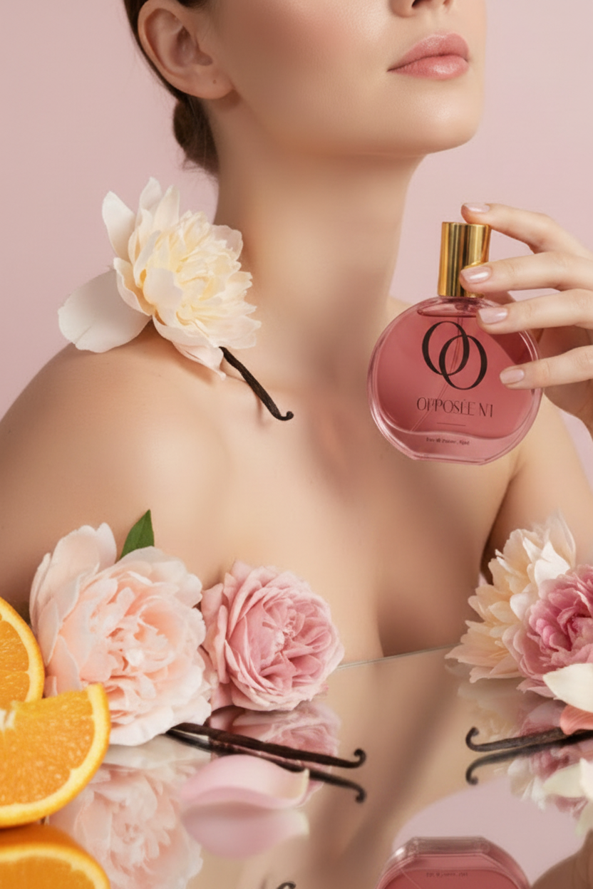 Femme portant Opposée N°1 entourée de fleurs blanches et d’agrumes évoquant les notes du parfum.