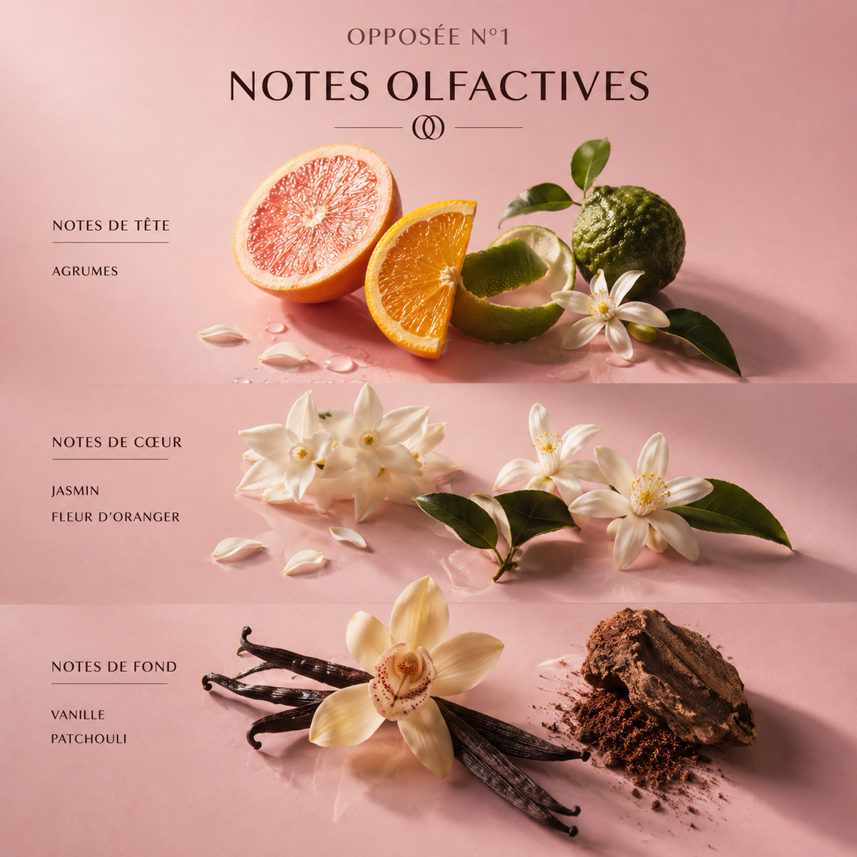 Notes olfactives d’Opposée N°1 : agrumes, jasmin, fleur d’oranger, vanille et patchouli.