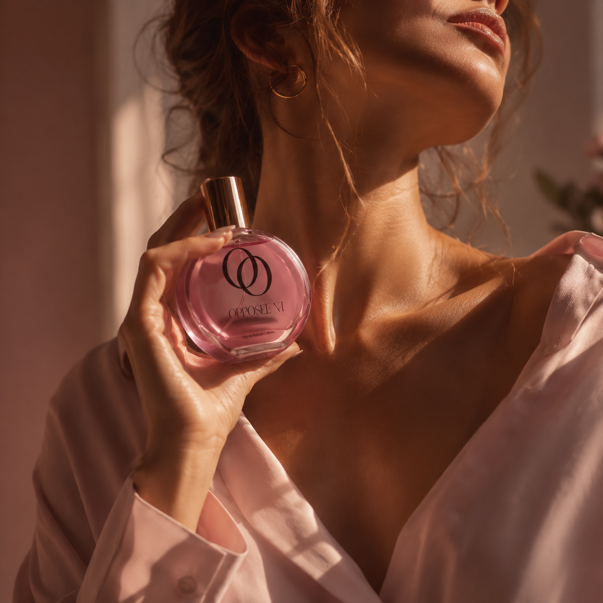 Femme tenant le parfum Opposée N°1 près de son cou dans une lumière chaude et naturelle.