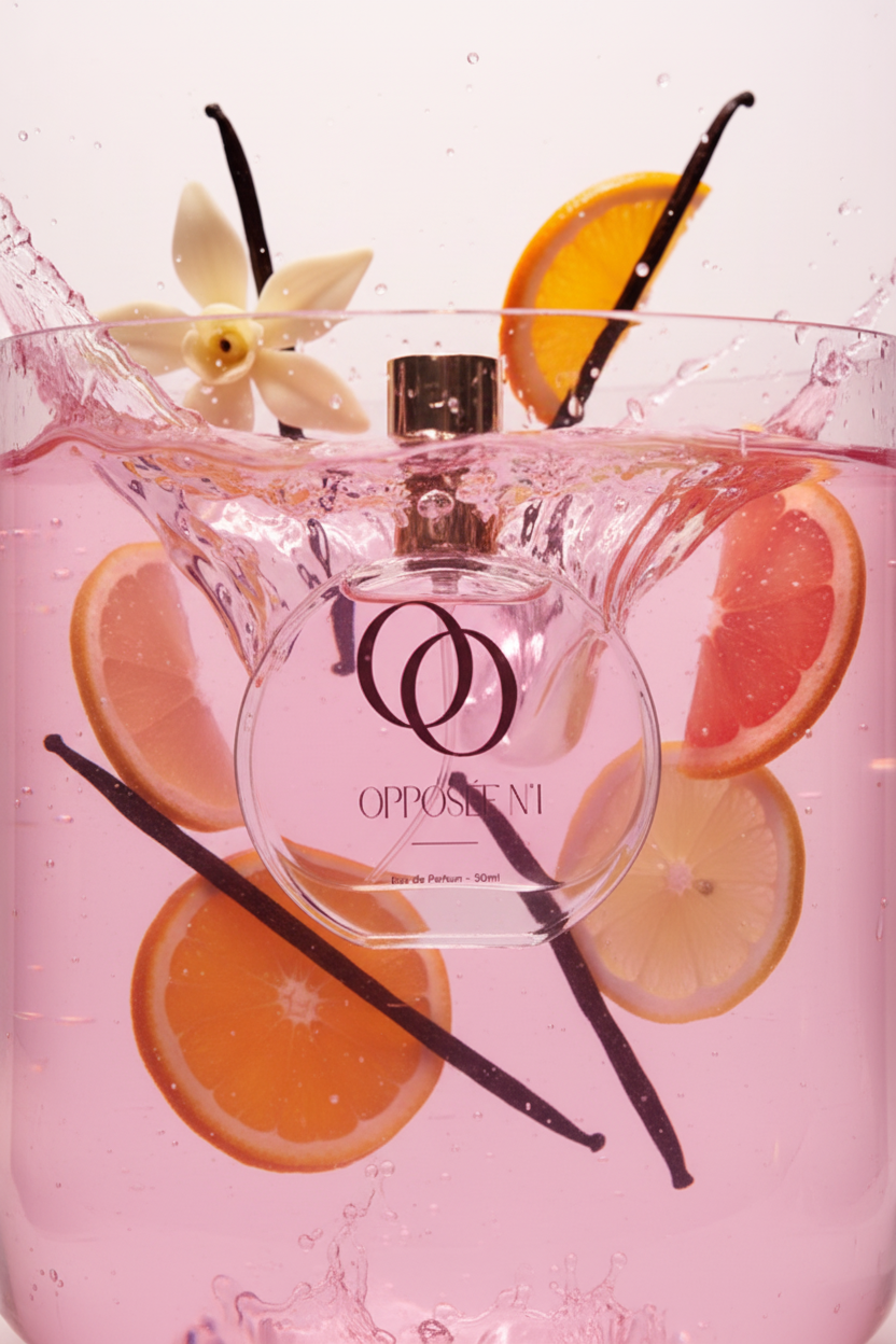 Opposée n°1, plongé dans un grand verre rempli de liquide rose et d'agrumes et vanille
