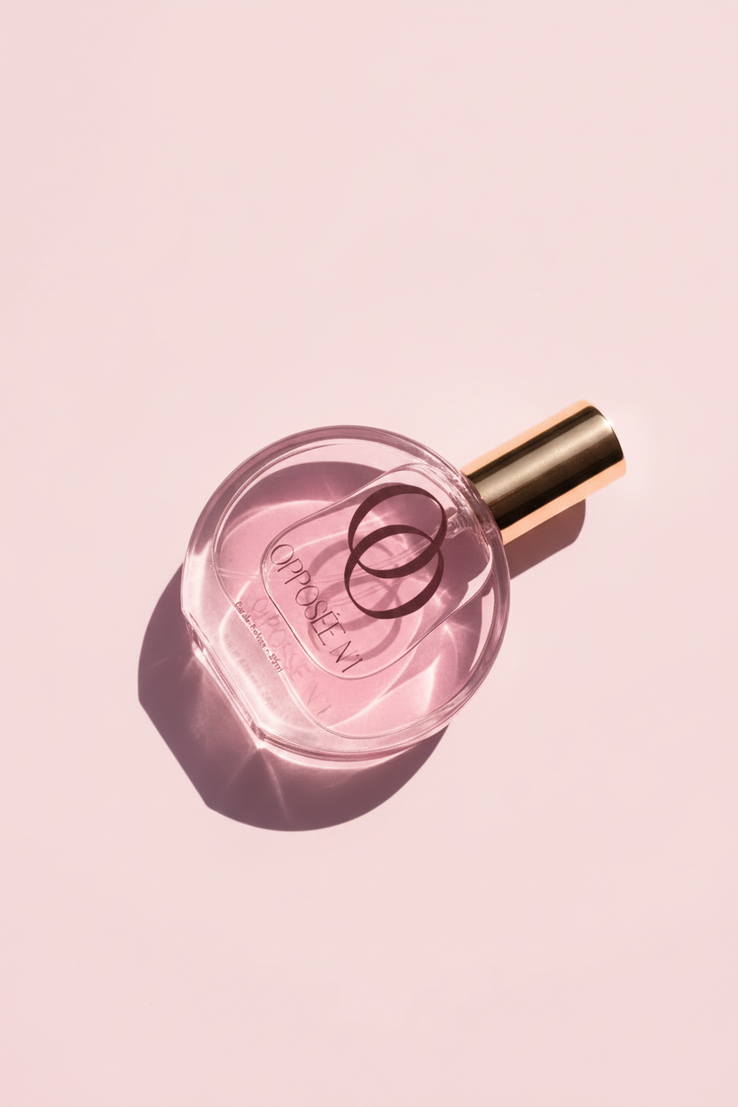Flacon opposée n°1, en vere 50ML, eau de parfum, couché sur support rose