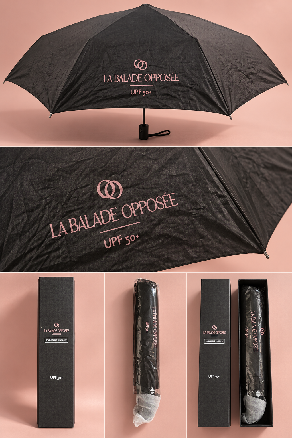 Parapluie pliable noir anti-UV UPF 50+ La Balade Opposée avec détail du marquage et coffret