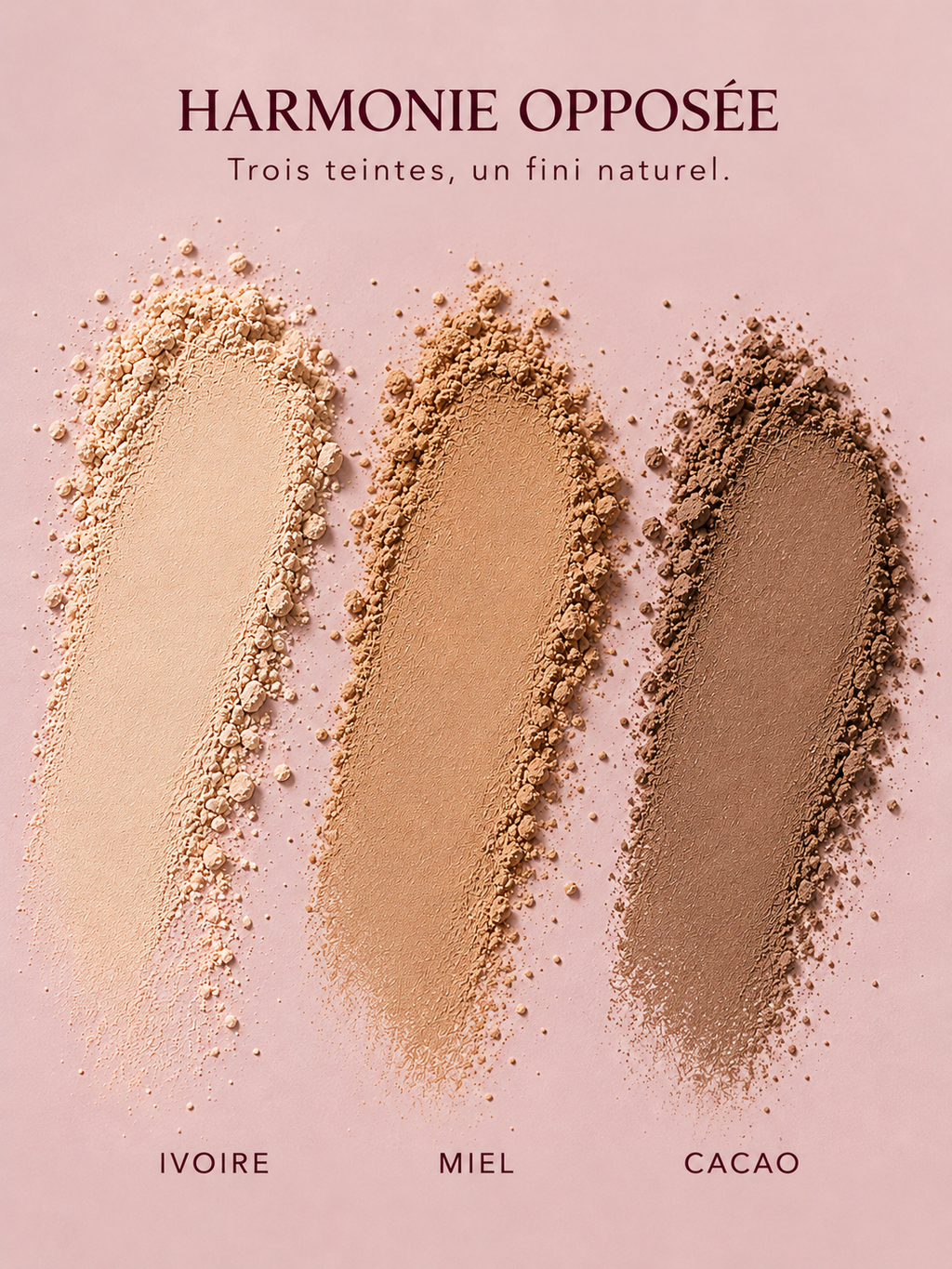 Textures de la poudre Harmonie Opposée en trois teintes : Ivoire, Miel et Cacao
