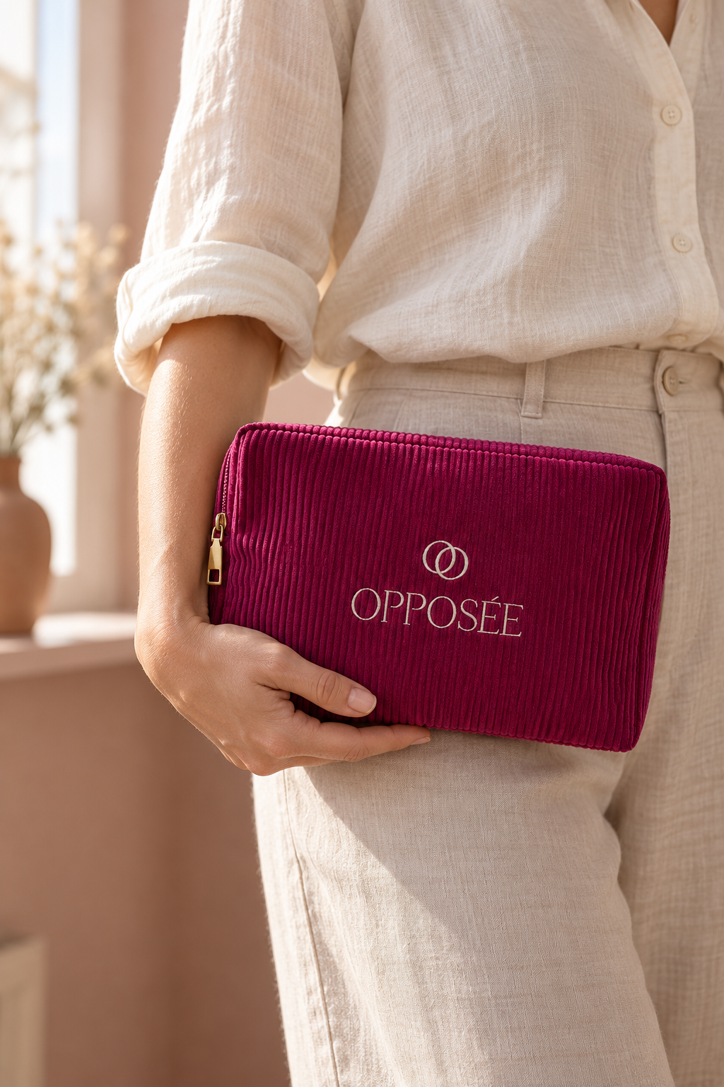 Femme tenant la trousse de maquillage Opposée en velours côtelé bordeaux rosé.