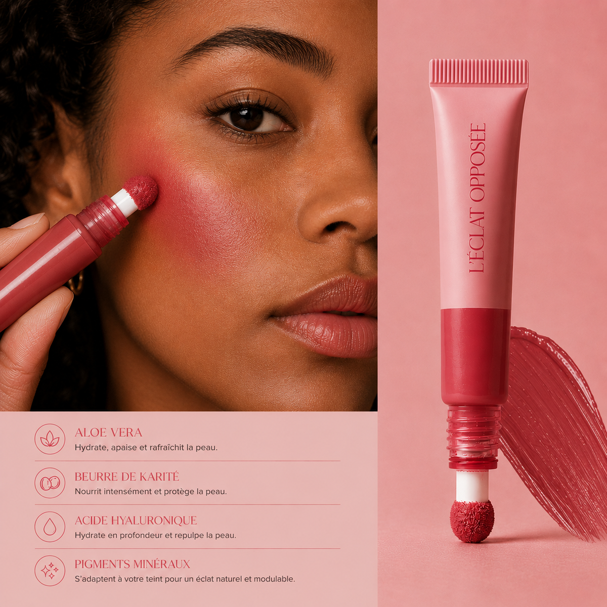 L’Éclat Opposée teinte Débordante, blush rouge rosé sur la joue