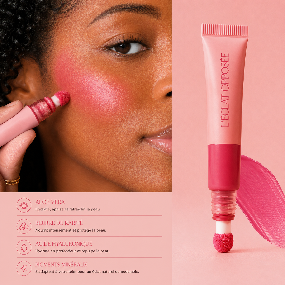L’Éclat Opposée teinte Hésitante, blush rose vif sur la joue