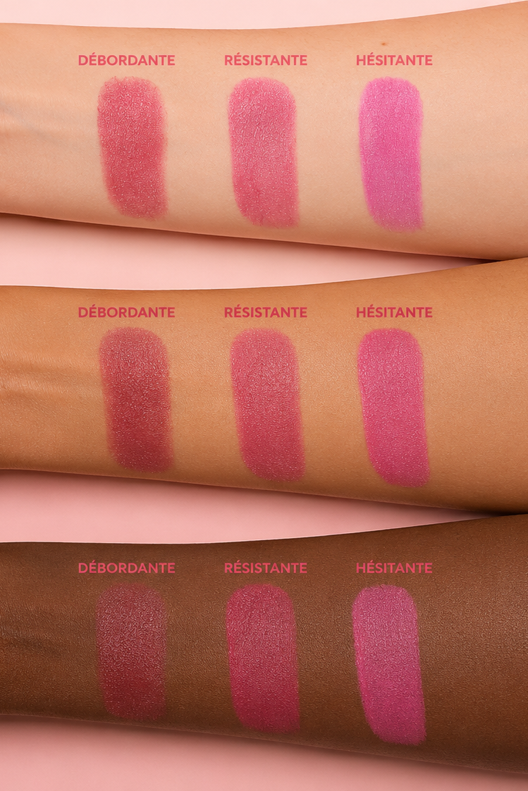 Swatches des trois teintes L’Éclat Opposée sur trois carnations