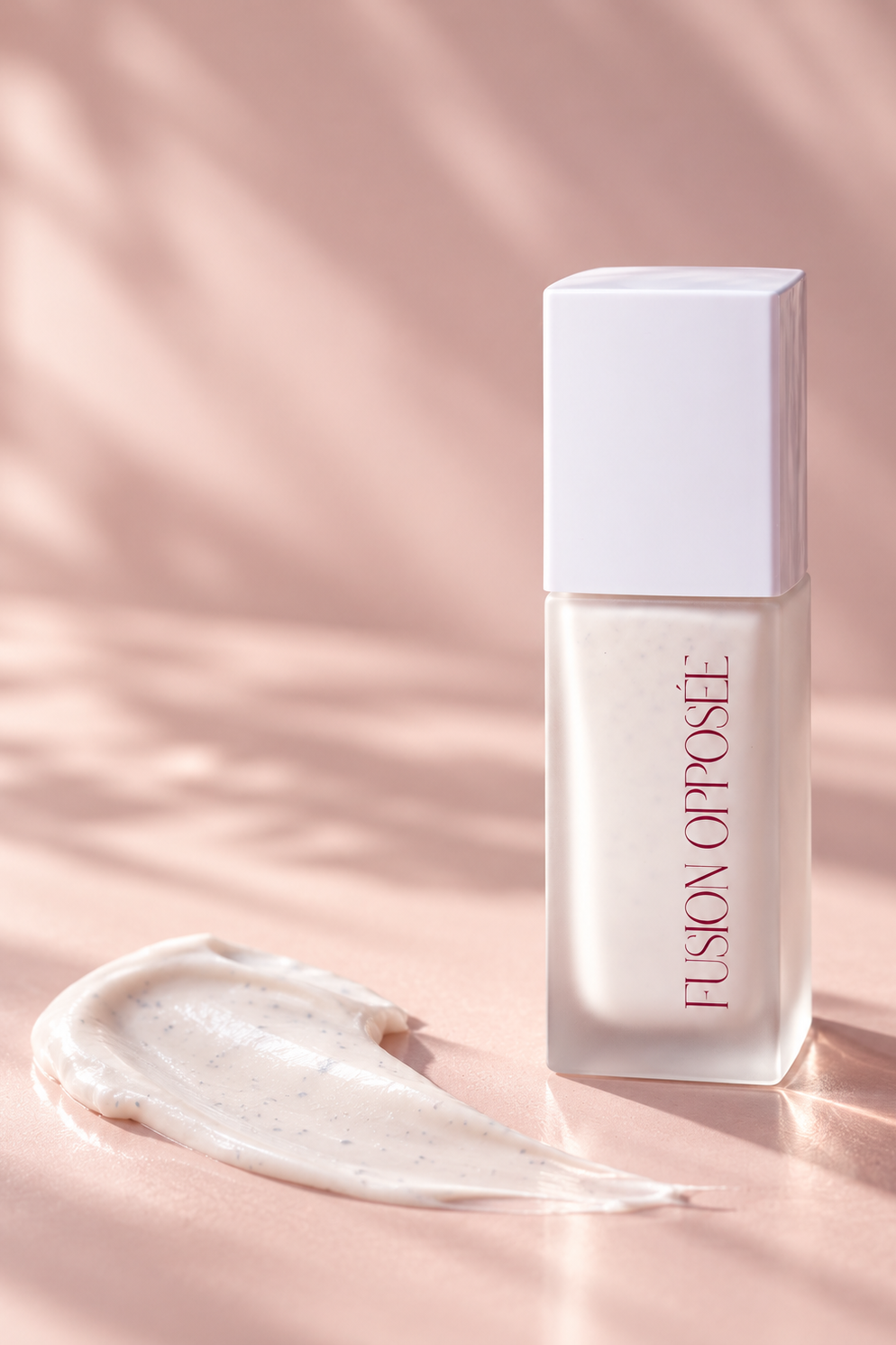 Fusion Opposée, fond de teint évolutif, présenté sur fond rose poudré.