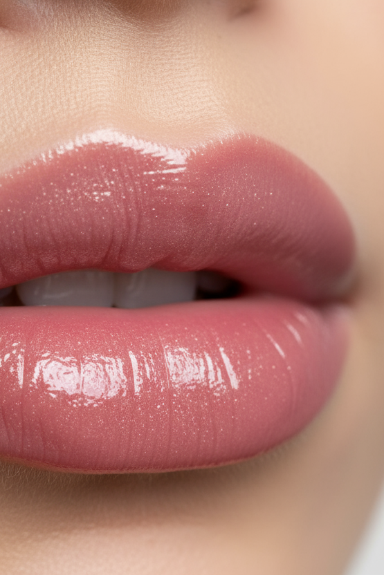 Lèvre femme avec baume brillant rose bordeaux clair survles lèvres 