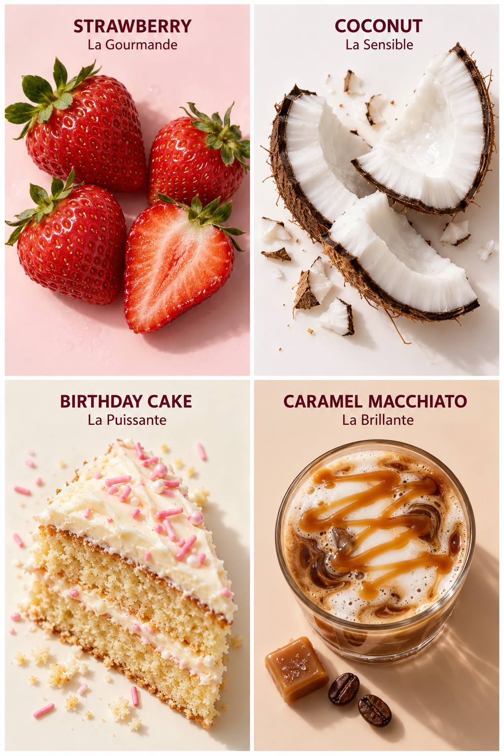 Les quatre parfums du Baume Opposée illustrés par des fraises, de la noix de coco, un gâteau et un caramel macchiato.