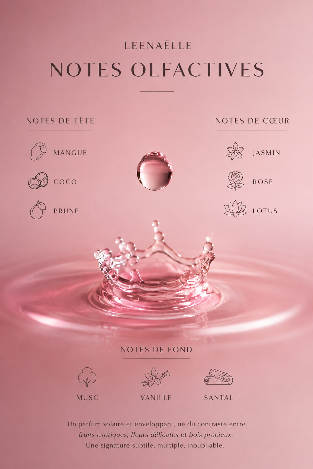 Notes olfactives du parfum Leenaëlle : mangue, coco, prune, jasmin, rose, lotus, musc, vanille et santal
