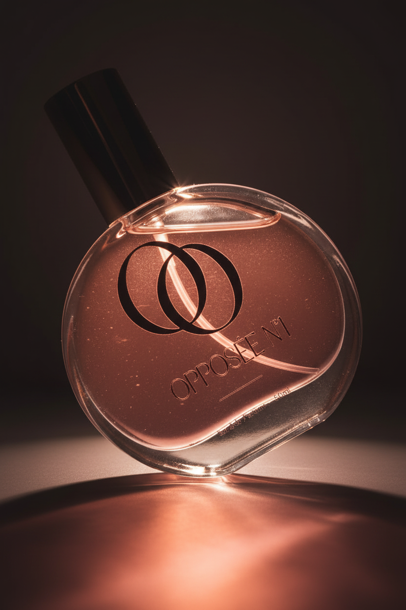 opposée n°1, eau de parfum 50l, ombre et lumière sur le flacon en verre pour laisser transparaitre la couleur du liquide