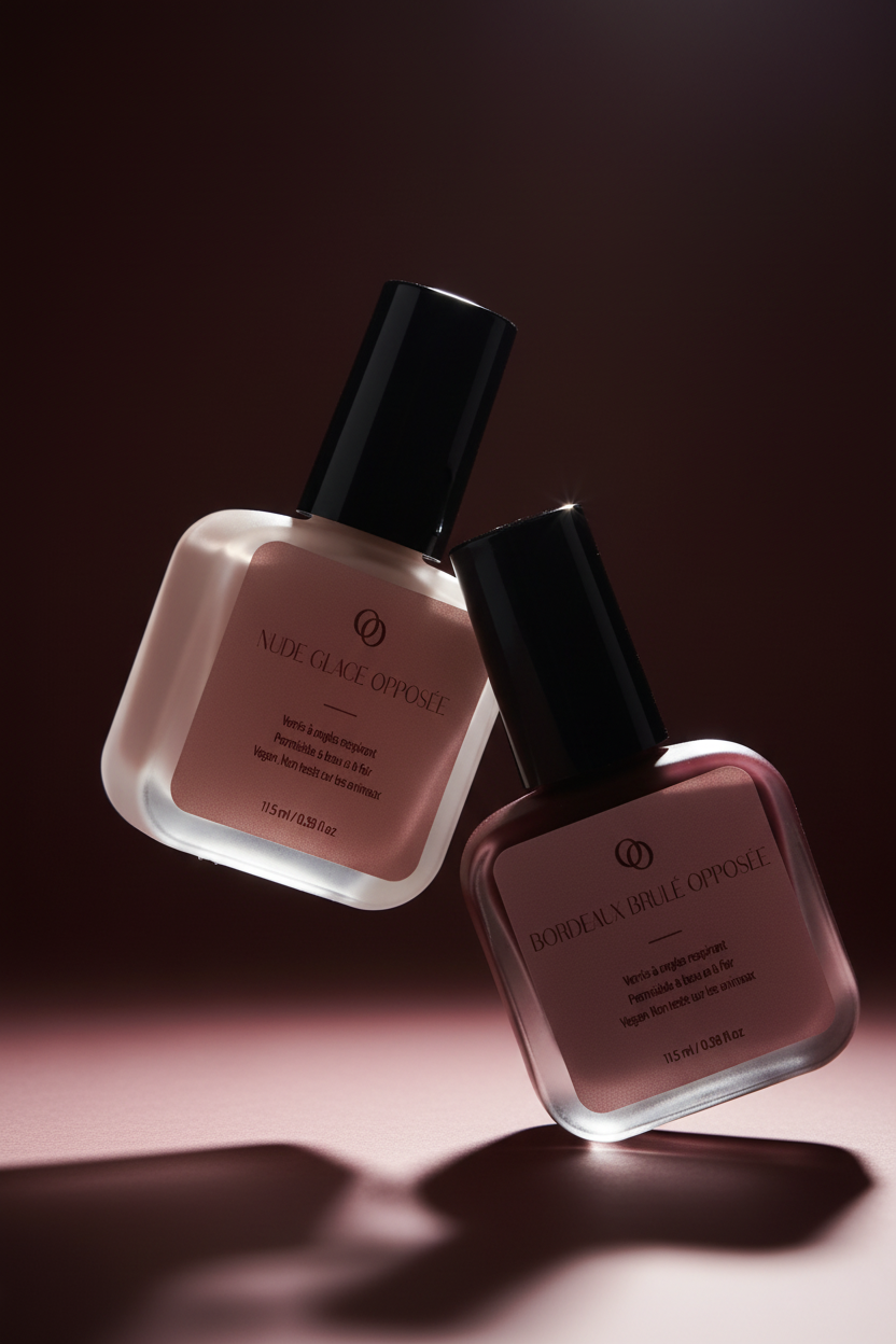La Nuance Opposée , vernis teinte nude glacé et bordeaux brulé, en supension dans l'air, lumière premium