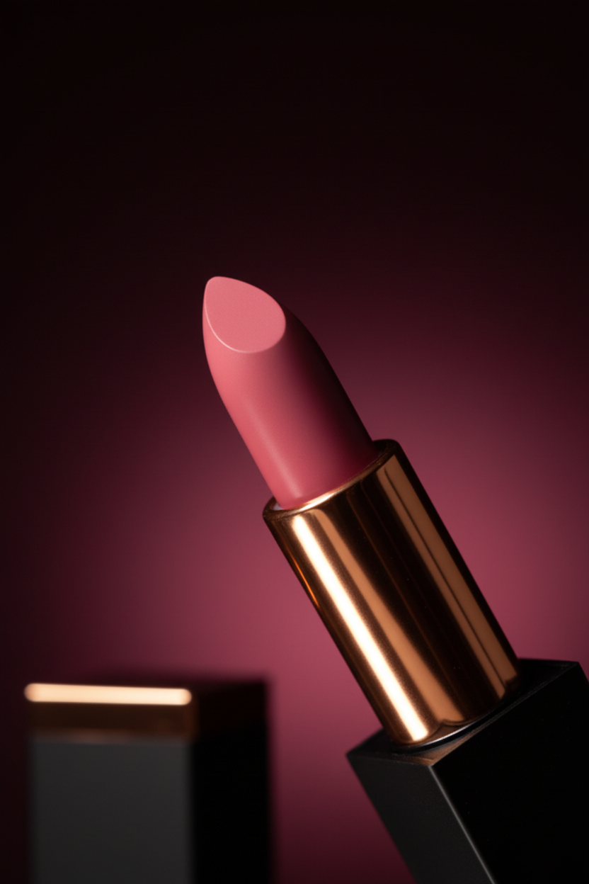 Velours opposée, rouge à lèvres crémeux, focus teinte stick, ombre en arrière plan et lumière premium sur le produit